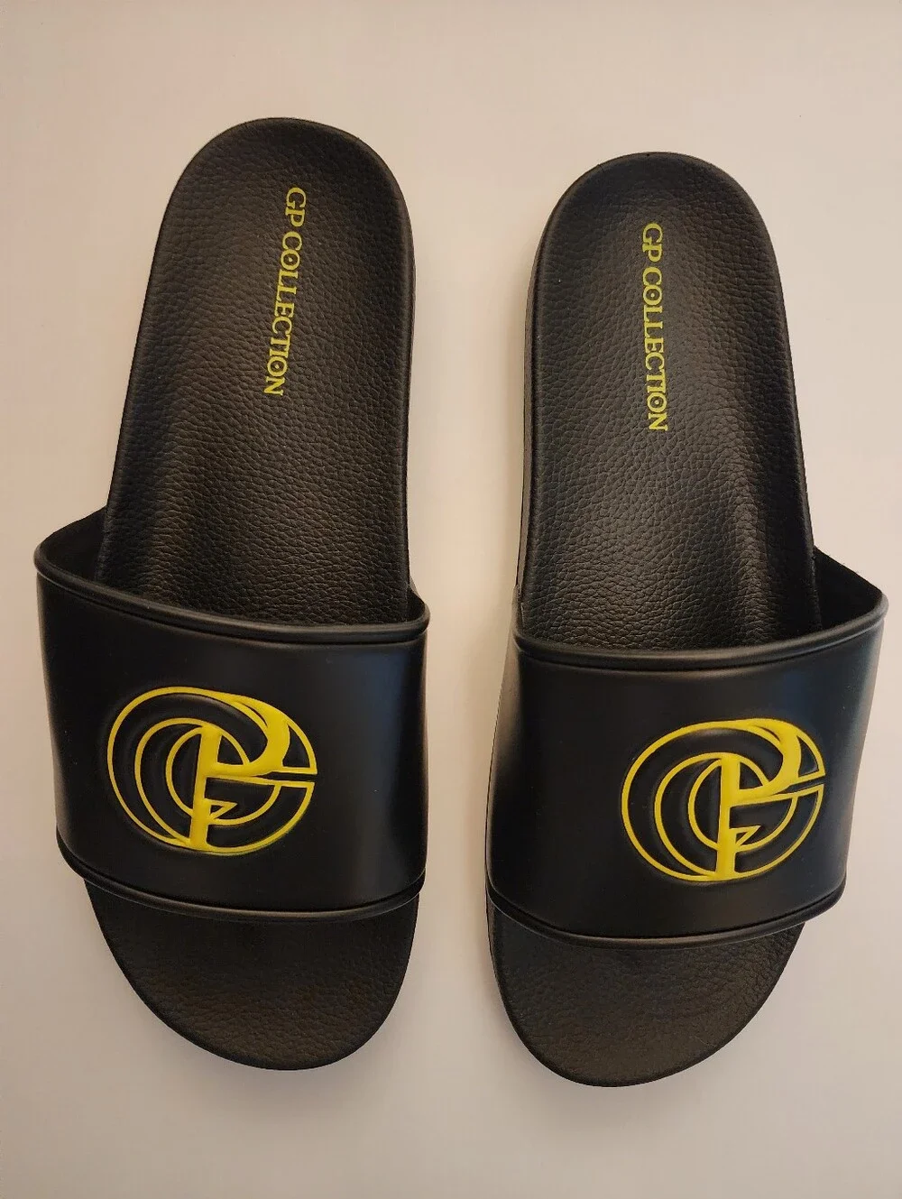 GP Collection Italian  Black Slide Sandals with Yellow Logo